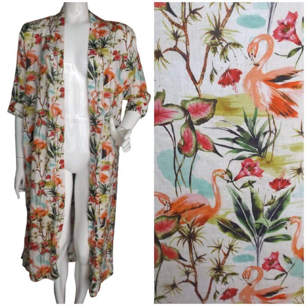 LAZY POET Linen Kimono/Swim Cover up, LONG slit, Flamingo/Multicolor Print